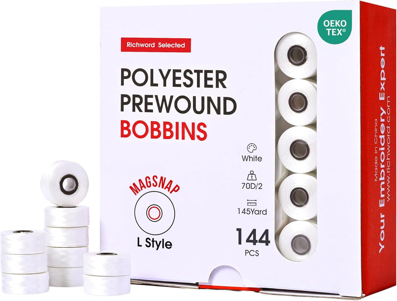 Poolin Magsnap Prewound Bobbins, Style L (SA155), 144pcs White, 60WT Richword Selected Polyester Bobbin Thread for Commercial Multi-Needle Embroidery Machines