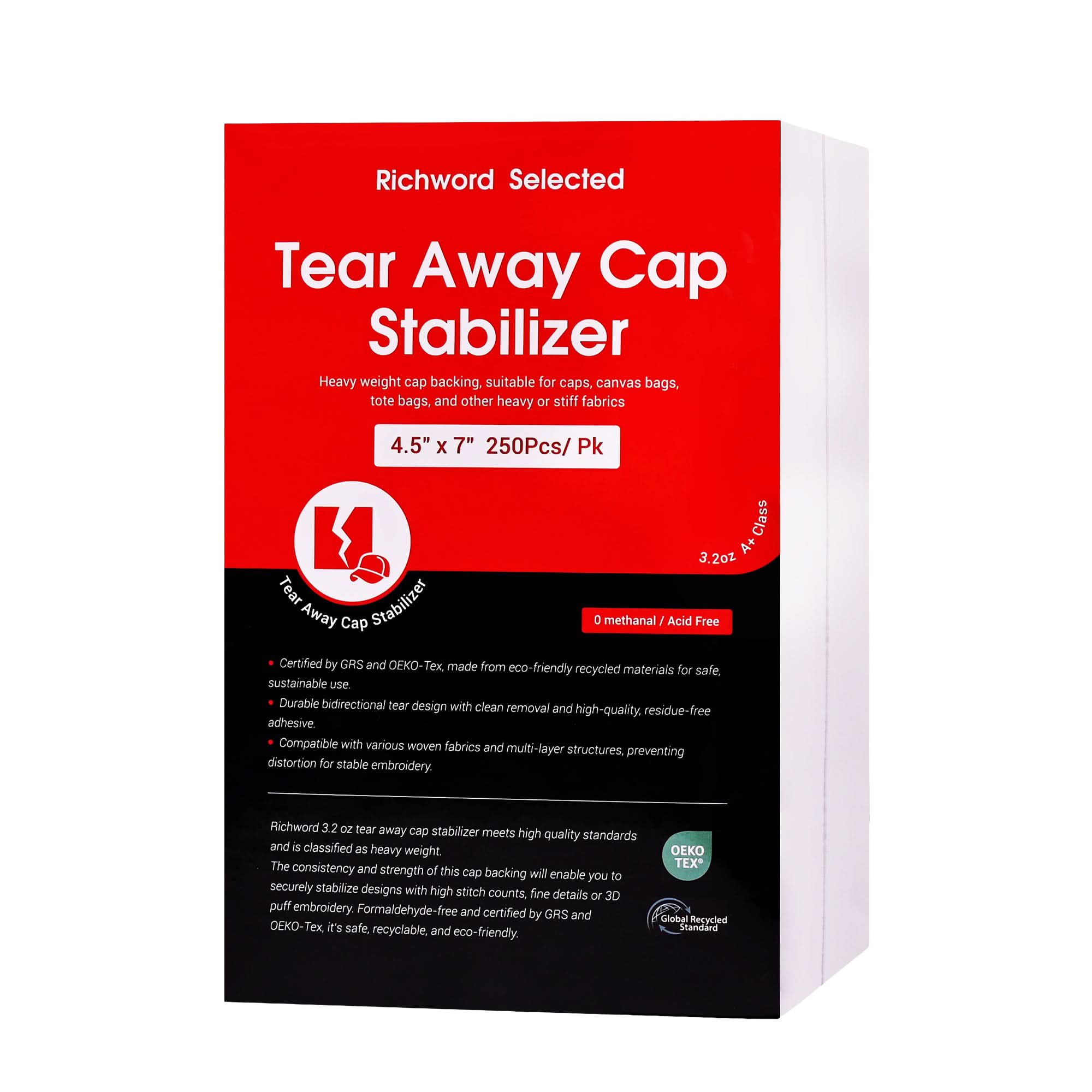 PooLin Tear Away Cap Embroidery Backing Stabilizer Sheets 3.2oz 4.5in x 7in 250pcs
