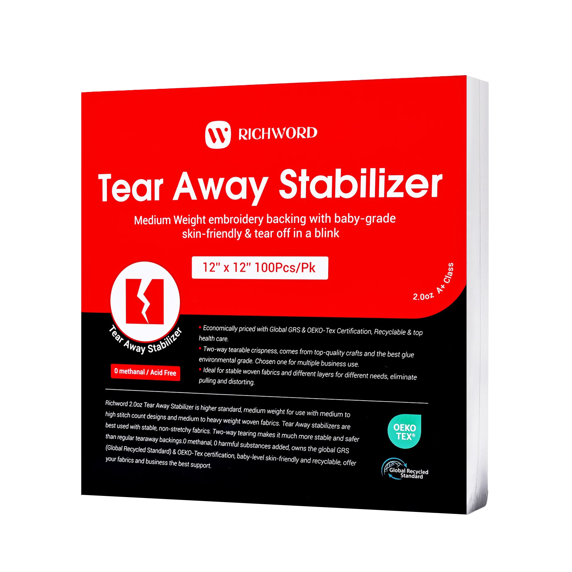 PooLin Tear Away Embroidery Backing Stabilizer Sheets 2.0oz 12in x 12in 100pcs