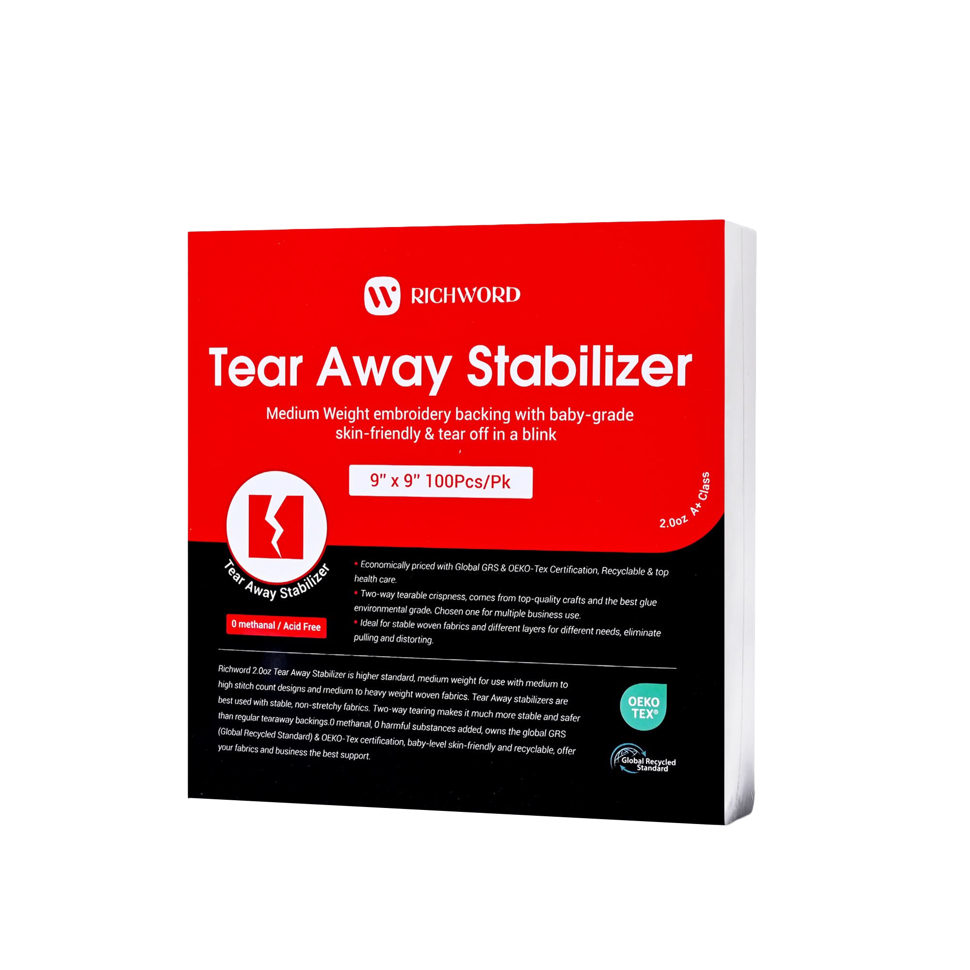 PooLin Tear Away Embroidery Backing Stabilizer Sheets 2.0oz 9in x 9in 100pcs