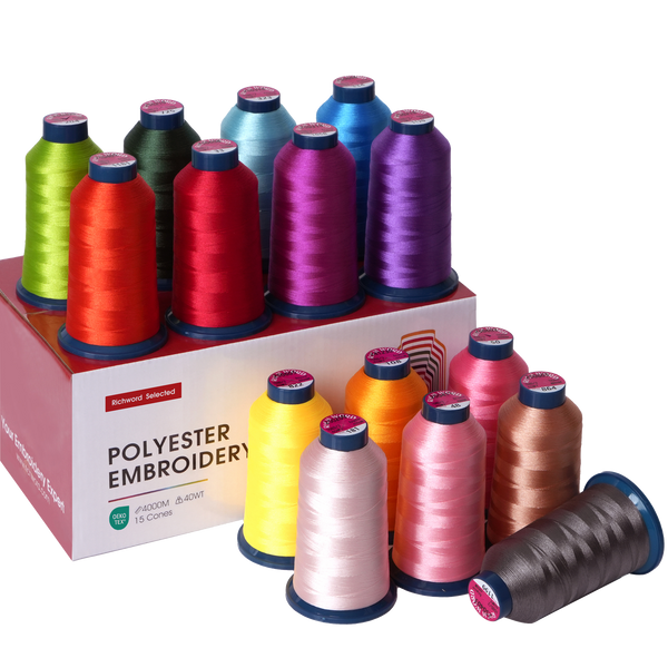 PooLin Embroidery Thread Set 15 Colors 4000m 108D/2 40WT Polyester Thread