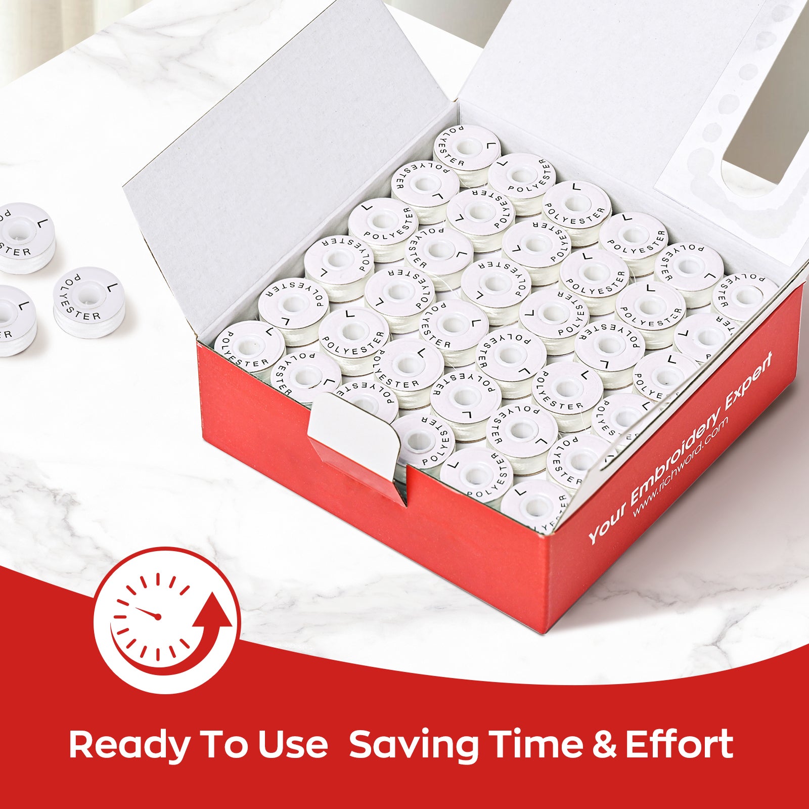 Prewound Embroidery Bobbins – Style L, 75D/2 (60WT), White, Paper Sides, 144 Pcs