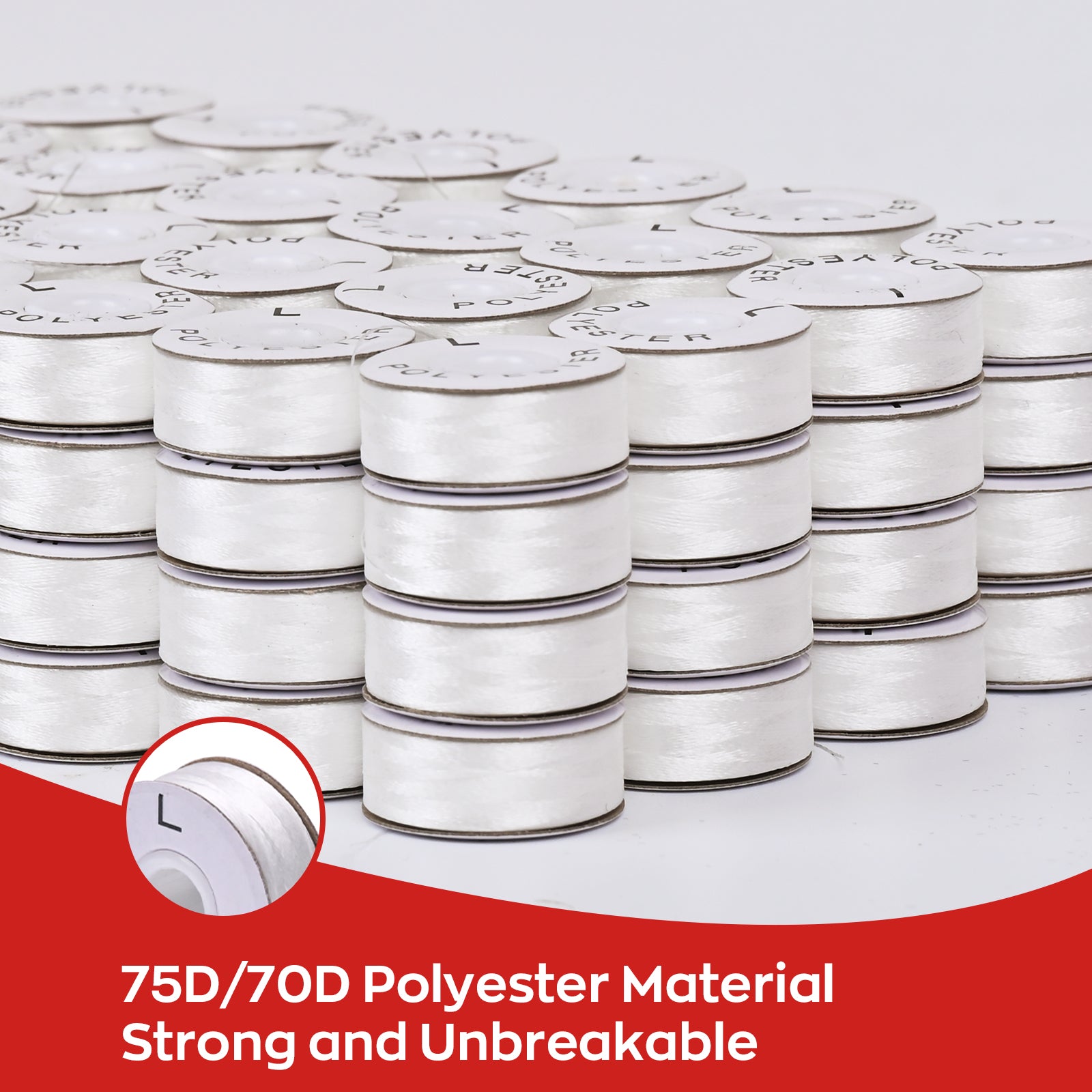 Prewound Embroidery Bobbins – Style L, 70D/2 (60WT), White, Paper Sides, 144 Pcs