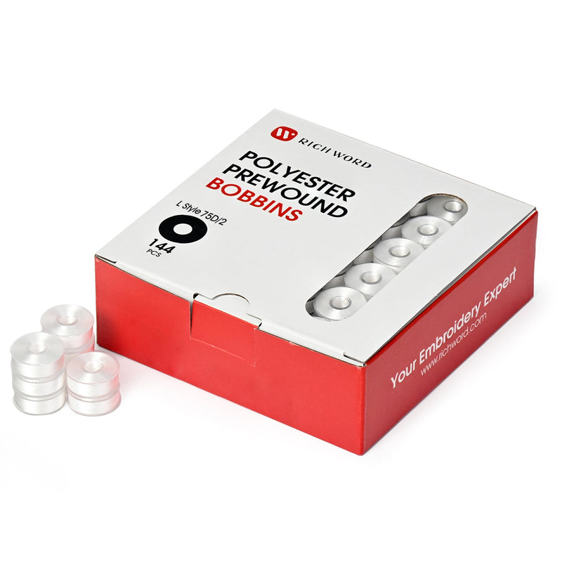 Prewound Embroidery Bobbins – Style L, 75D/2 (60WT), White, Plastic Sides, 144 Pcs
