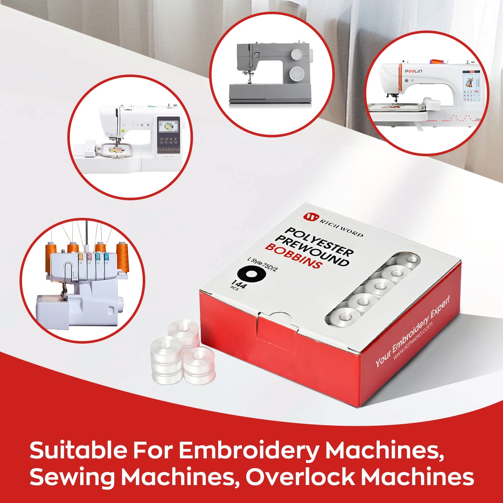 Prewound Embroidery Bobbins – Style A, 75D/2 (60WT), White, Plastic Sides, 144 Pcs