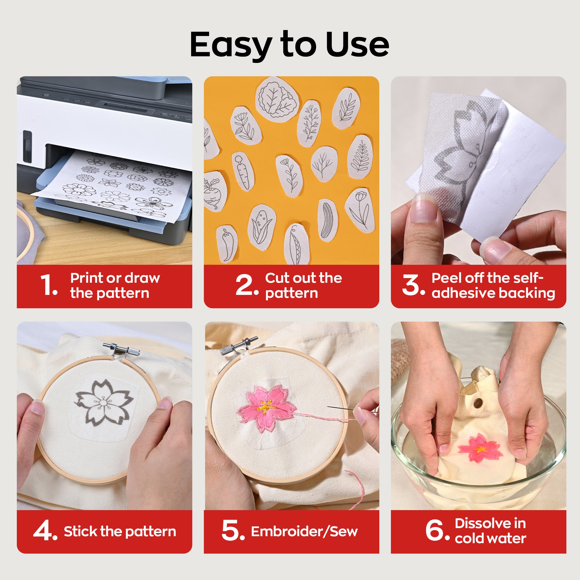 PooLin Printable Water Soluble Stabilizer Paper 8.5" x 11" Sticky & Wash-Away Embroidery Backing 15 Sheets for Machine & Hand Embroidery