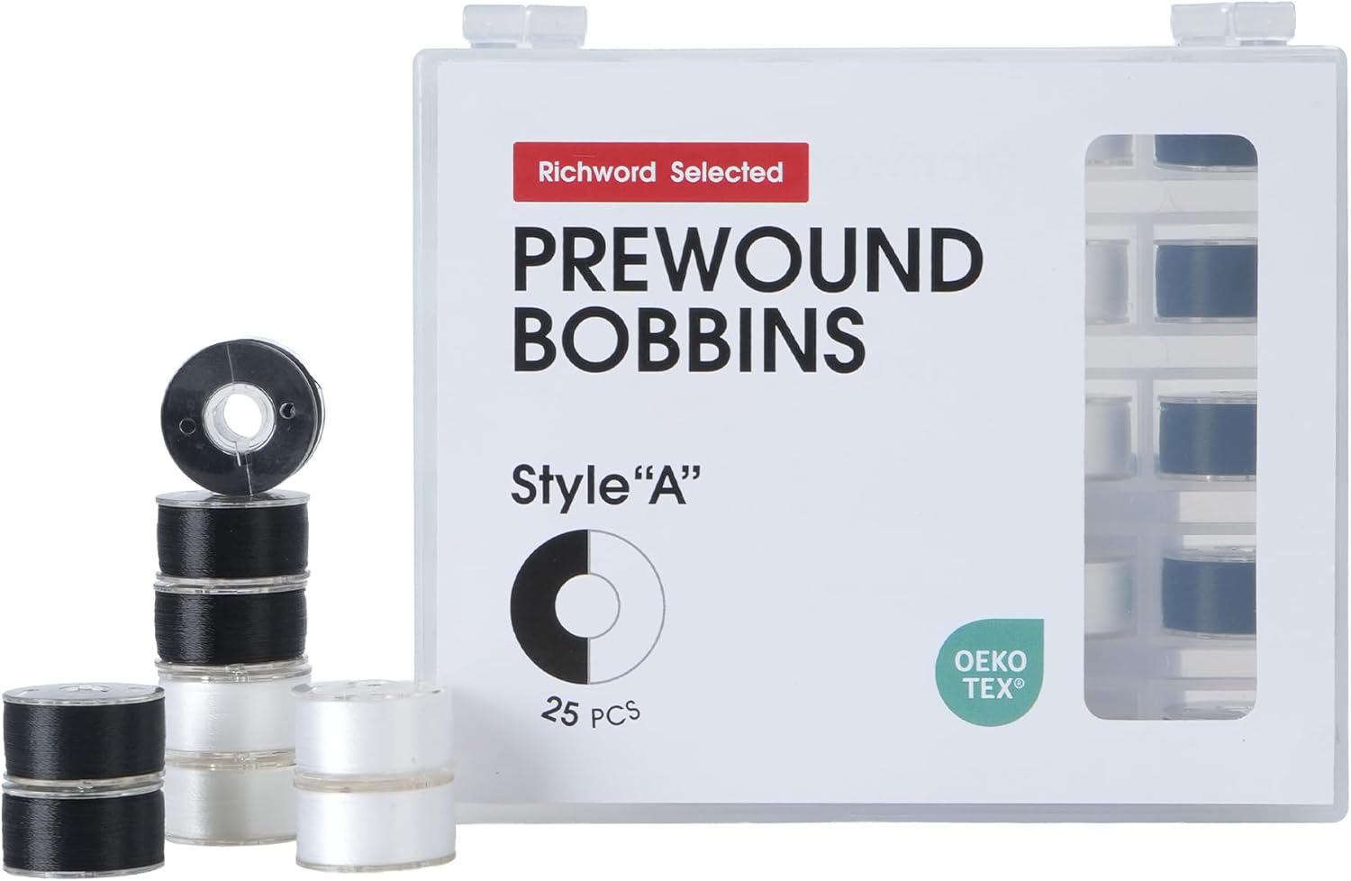 Poolin Prewound Bobbins Richword Selected 25PCS White+Black Size A, Plastic Sided, 70D/2(60WT) Polyester Bobbin Thread for Single Needle Embroidery and Sewing Machine