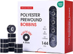 Poolin Prewound Bobbins Richword Selected 144pcs (Class 15) Size A Plastic Sided, 70D/2(60WT) Polyester Bobbin Thread for Single Needle Embroidery and Sewing Machine, Black