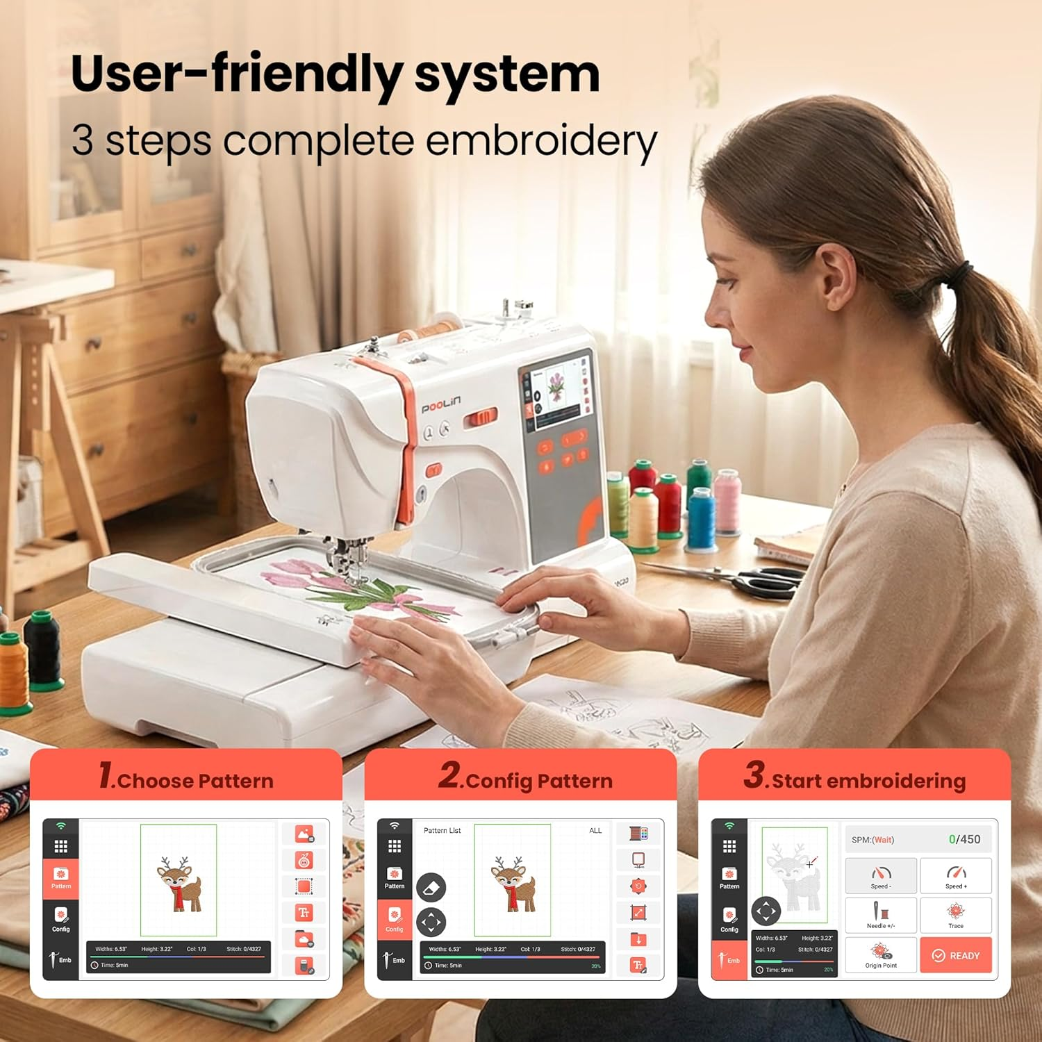 PooLin EOC03(2in1) Sewing and Embroidery Machine 4"x4" & 4"x9.25" Embroidery Size, 130 Built-in Designs 207 Sewing Stitches, 4.3" Touch Screen with WiFi Transfer, Includes Full Kits 1-on-1 Training