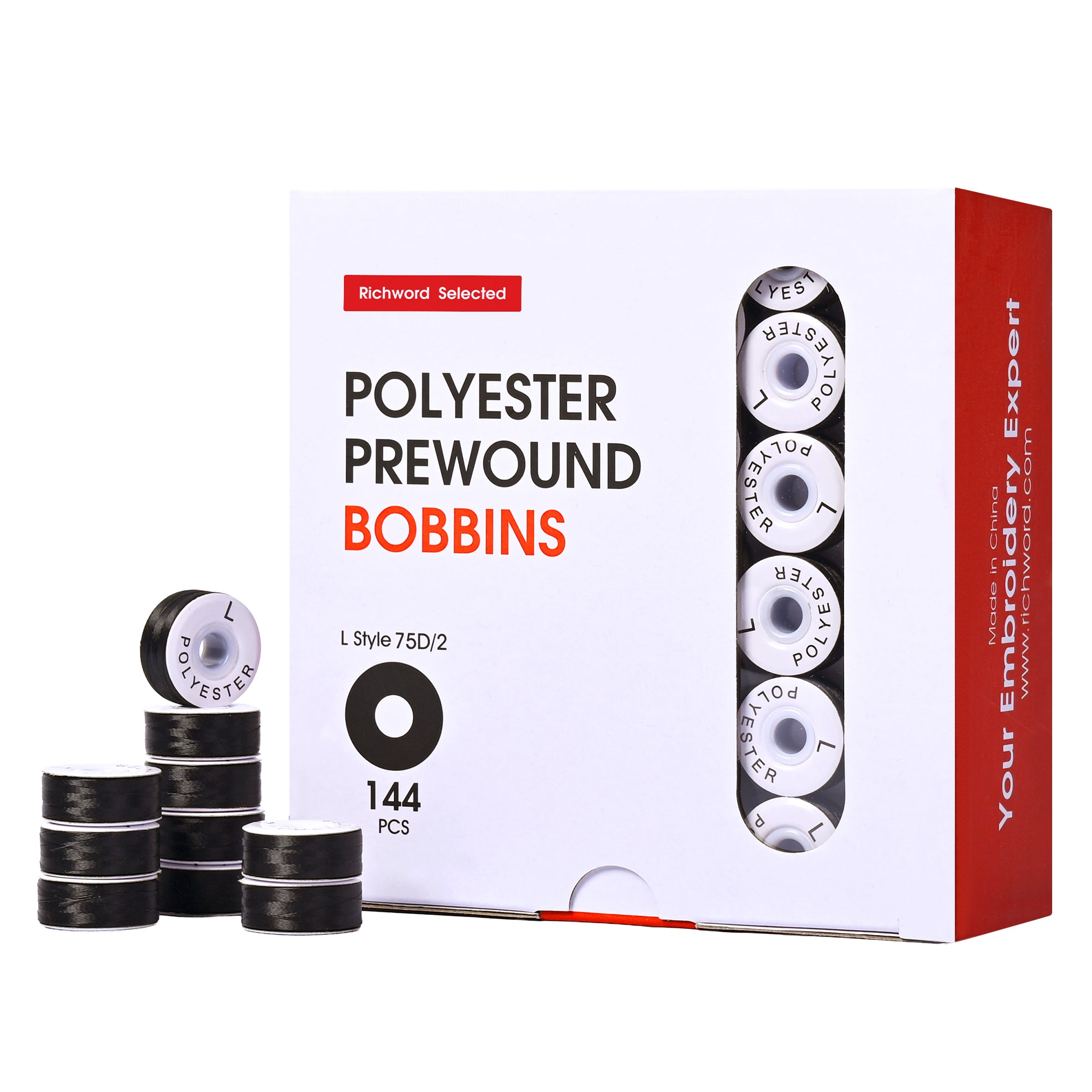 Poolin Prewound Bobbins , SizeL(SA155) , Paper Sided , 75D Polyester Bobbin Thread , 144pcs , Richword Selected , for Commercial Multi Needles Embroidery Machine , Black