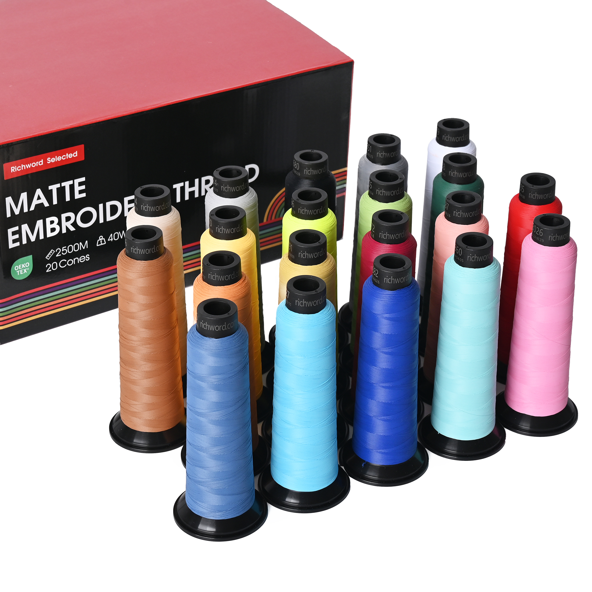 PooLin Matte Embroidery Thread Set, 20 Colors, 20 Rolls, 2500m 120D/2 40WT Polyester Thread