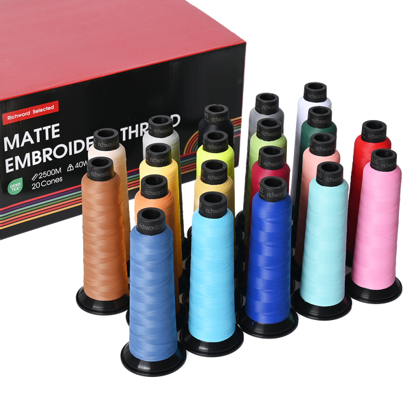 PooLin Matte Embroidery Thread Set, 20 Colors, 20 Rolls, 2500m 120D/2 40WT Polyester Thread
