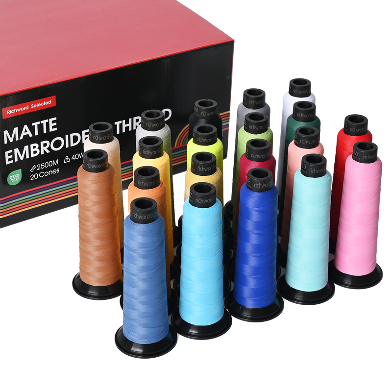 PooLin Matte Embroidery Thread Set, 20 Colors, 20 Rolls, 2500m 120D/2 40WT Polyester Thread
