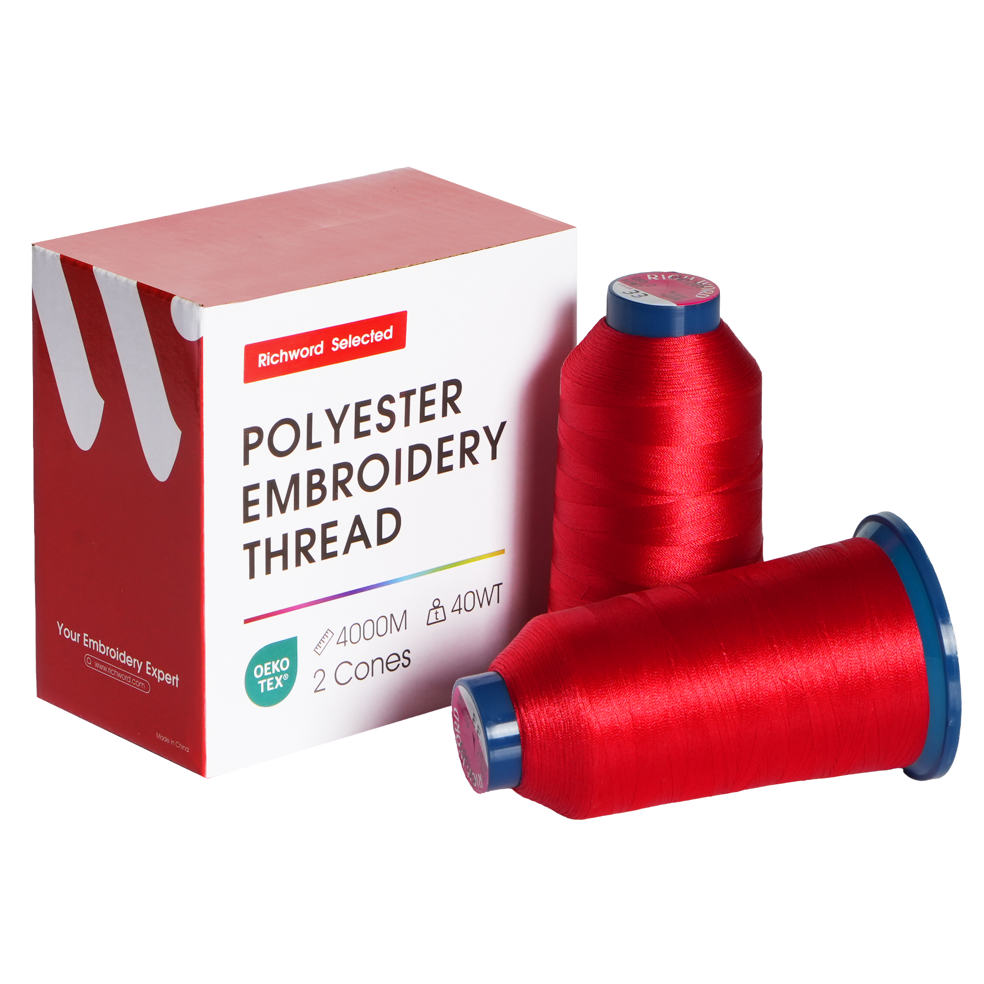 PooLin Polyester Embroidery Thread Set 2 Rolls Red 4000m 40WT 4374Y