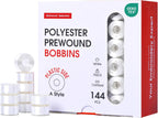 Poolin Prewound Bobbins Richword Selected 144pcs (Class 15) Size A Plastic Sided, 70D/2(60WT) Polyester Bobbin Thread for Single Needle Embroidery and Sewing Machine, White