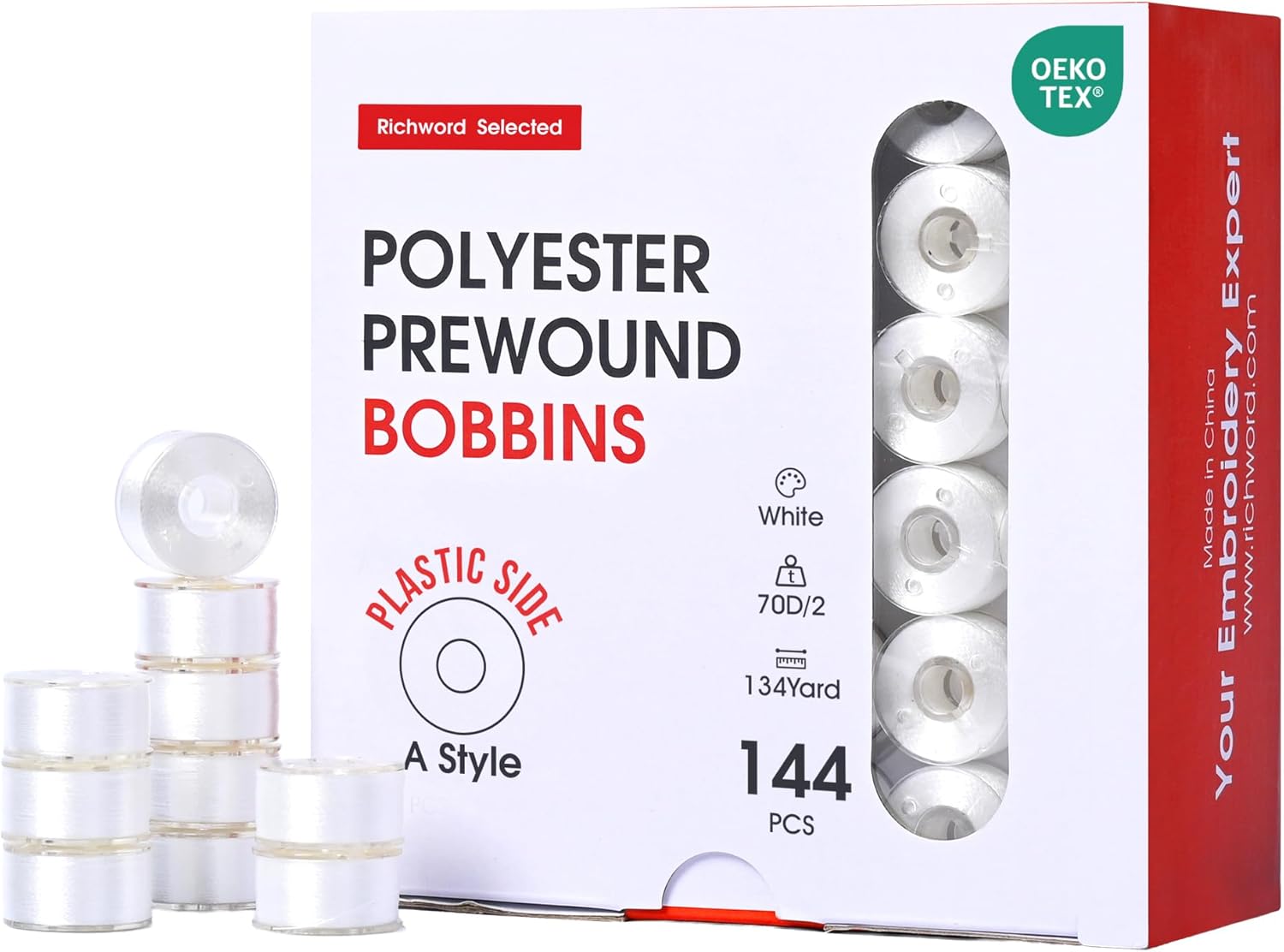 Poolin Prewound Bobbins Richword Selected 144pcs (Class 15) Size A Plastic Sided, 70D/2(60WT) Polyester Bobbin Thread for Single Needle Embroidery and Sewing Machine, White