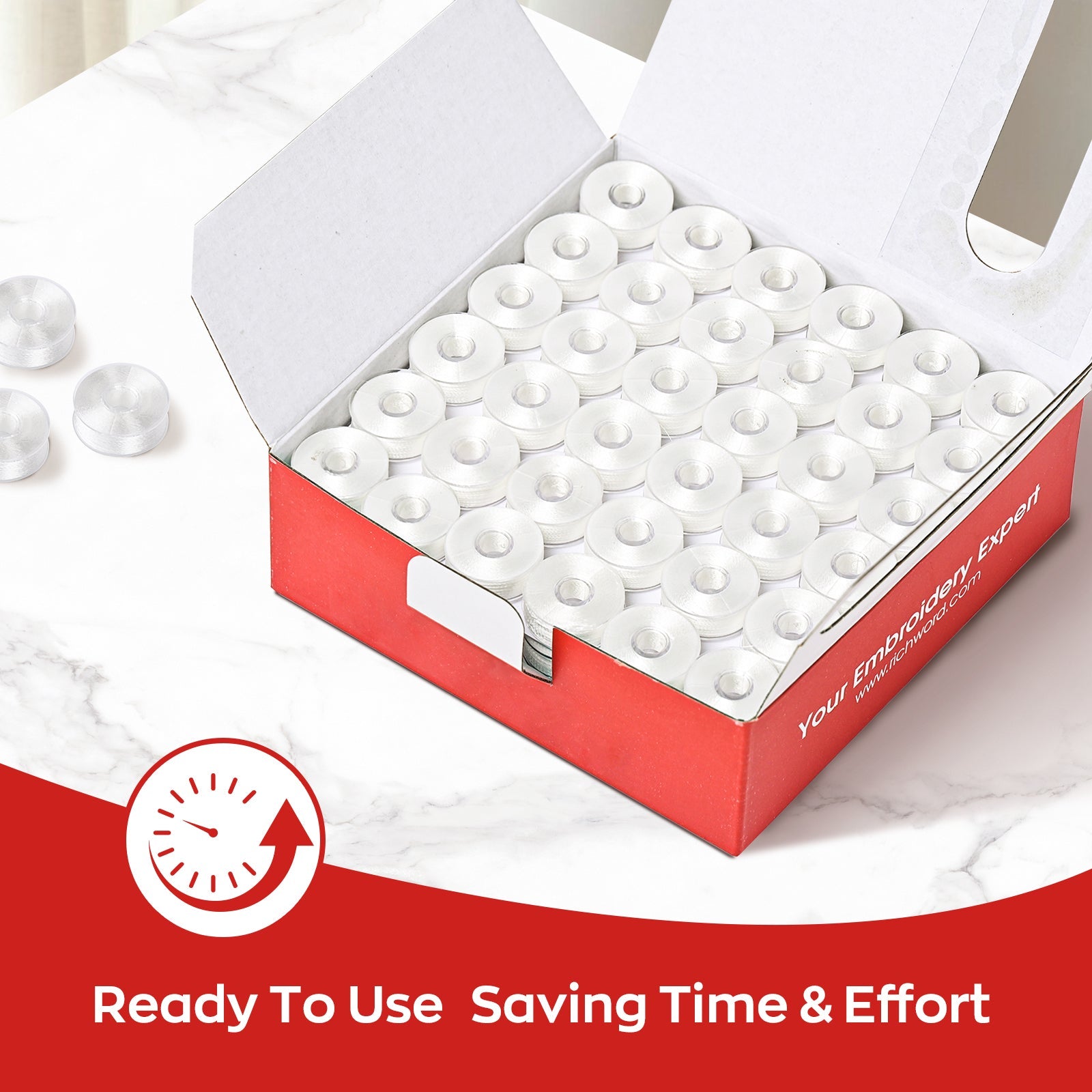 Prewound Embroidery Bobbins – Style L, 70D/2 (60WT), White, Plastic Sides, 144 Pcs