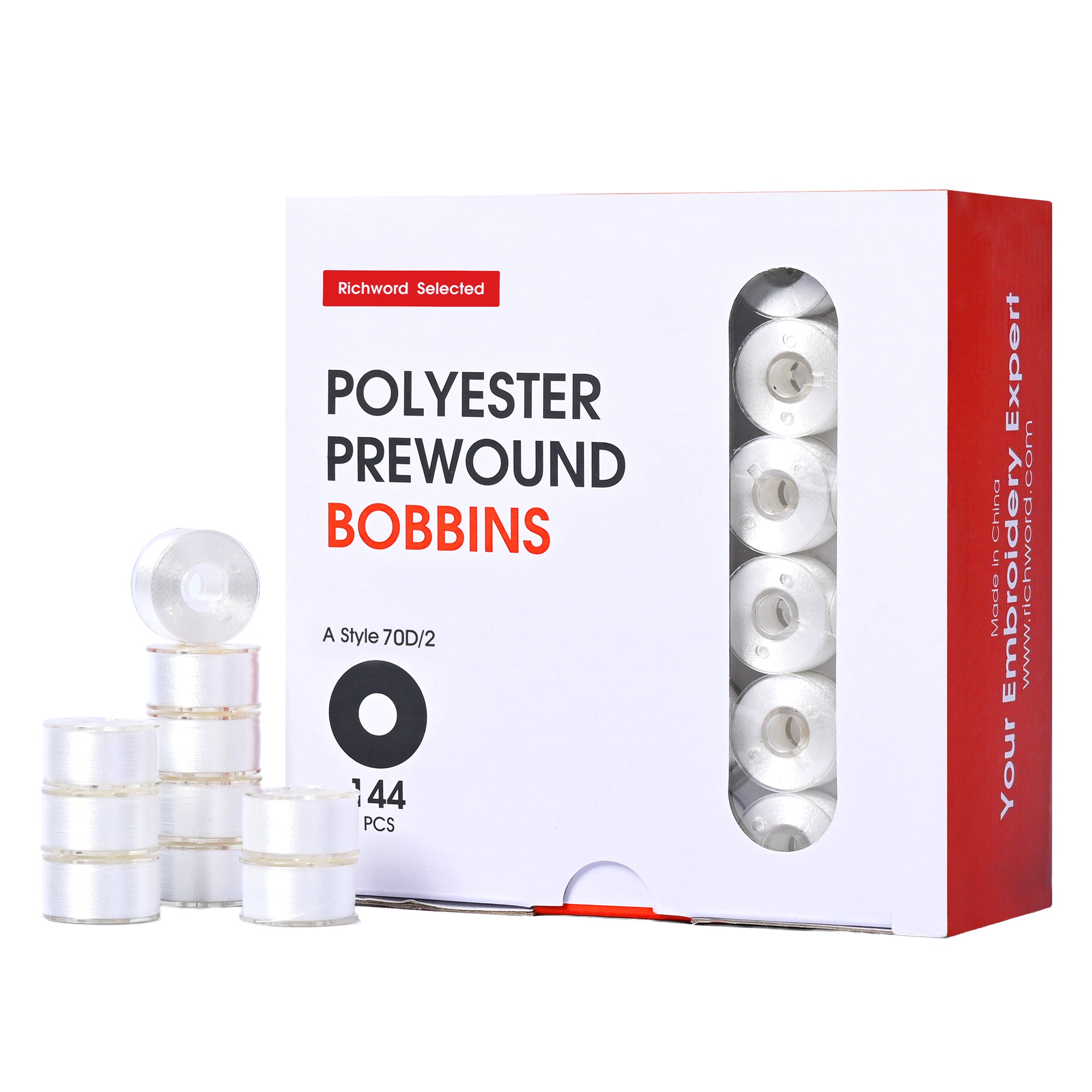 Poolin Prewound Bobbins , SizeA(Class15/SA156) , Plastic Sided , 70D Polyester Bobbin Thread , 144pcs , Richword Selected , for Single Needle Embroidery & Sewing Machines , White
